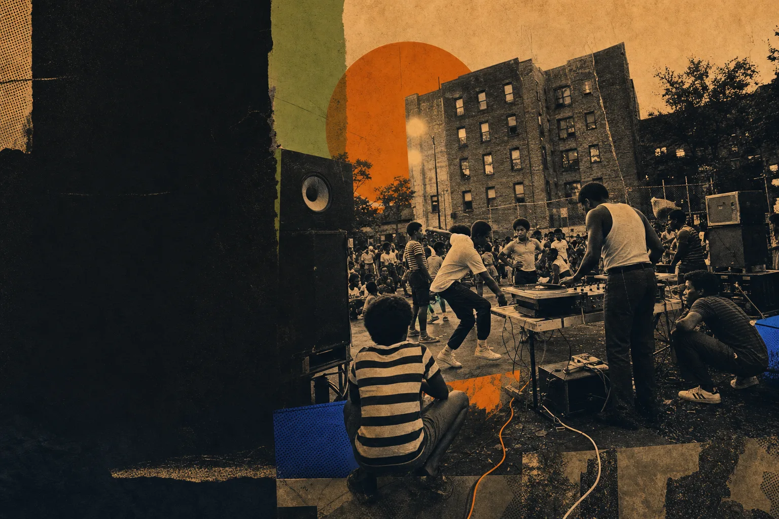 以絲網印刷與拼貼風格呈現的 1970 年代 Bronx 社區派對想像圖
