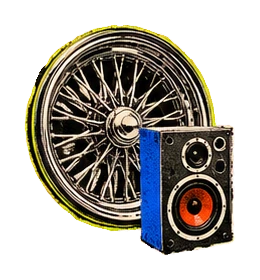 低底盤車輪與喇叭的絲網拼貼圖，象徵 G-funk 的汽車低頻空間